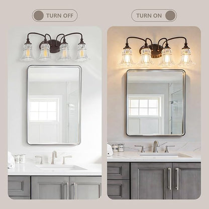 4-Light Vintage Bathroom Light Fixtures, Oil Rubbed Bronze | Vanity Lights Over Mirror with Floral Glass Shade for Bathroom Powder Room, Living Room Hallway