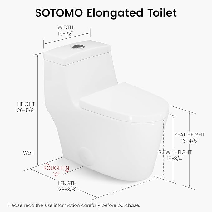 Elongated One Piece Toilet with Soft Closing Seat, 12'' Rough-In Modern Toilet for Bathrooms, 1.28 GPF Dual Flush, MAP 1000g, 28.4 x 15.5 x 26.6 Inches Standard White Toilet bowl