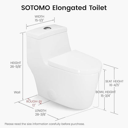 Elongated One Piece Toilet with Soft Closing Seat, 12'' Rough-In Modern Toilet for Bathrooms, 1.28 GPF Dual Flush, MAP 1000g, 28.4 x 15.5 x 26.6 Inches Standard White Toilet bowl