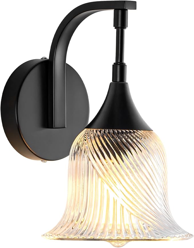 Vintage Black Wall Sconce, 1-Light Modern Wall Lighting Fixture | with 6.6” Textured Glass Shade, Industrial Hardwired Wall Mounted for Dining Living Room Hallway Bedroom Kitchen, E26