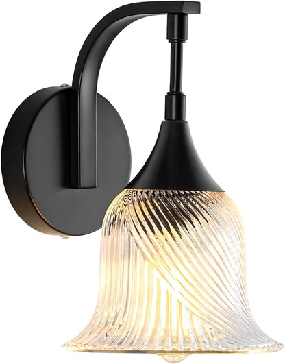 Vintage Black Wall Sconce, 1-Light Modern Wall Lighting Fixture | with 6.6” Textured Glass Shade, Industrial Hardwired Wall Mounted for Dining Living Room Hallway Bedroom Kitchen, E26