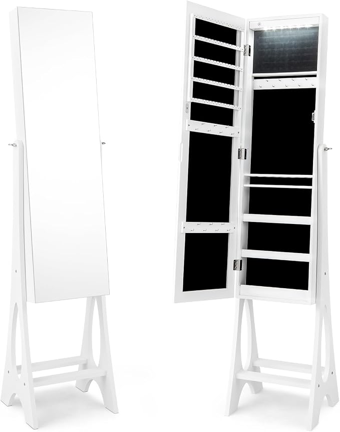 COSTWAY 12 LED Mirror Jewelry Cabinet, Freestanding Jewelry Storage Organizer w/Full Length Mirror, Large Capacity Jewelry Armoire w/Bottom Shelf, Mirror with Jewelry Storage for Women Girls (White)