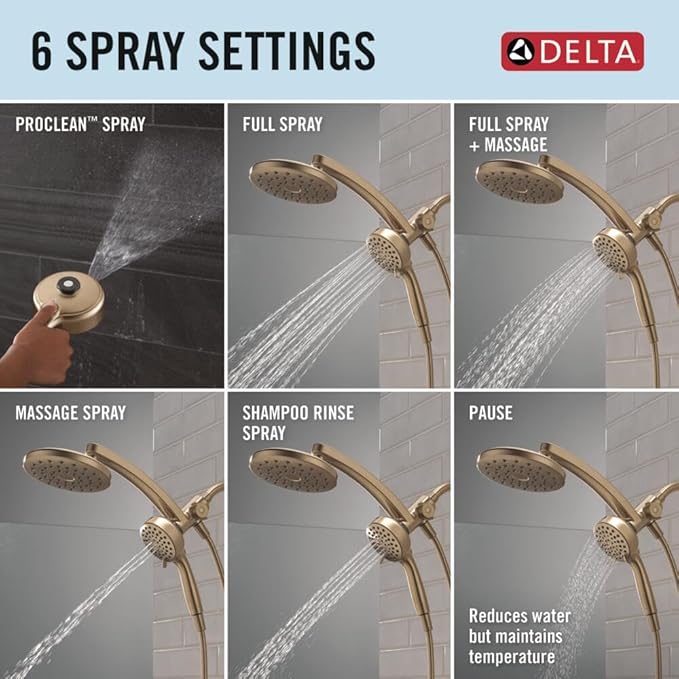 Delta 6-Setting PivotPro 3-in-1 Combination Shower Head with ProClean Spray, Brushed Gold Round Shower Head Rainfall with Handheld Spray, 1.75 GPM, Champagne Bronze 75649CZ