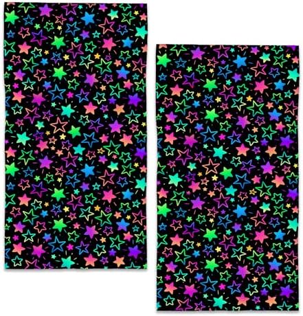 Neon Stars Bathroom Hand Towels, Rainbow Glittering Bath Hand Towel for Decorative Fingertip Towels Set of 2 for Farmhouse Gym Kitchen Hotel Yoga Gifts