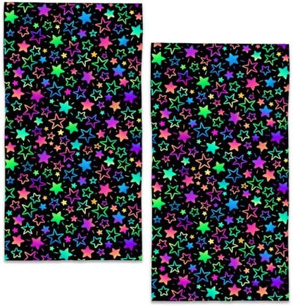 Neon Stars Bathroom Hand Towels, Rainbow Glittering Bath Hand Towel for Decorative Fingertip Towels Set of 2 for Farmhouse Gym Kitchen Hotel Yoga Gifts