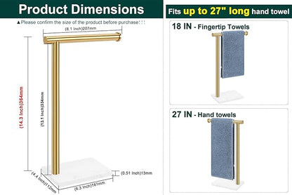 Hand Towel Holder, Hand Towel Stand for Bathroom with Marble Base, 304 Stainless Steel L Shape Hand Towel Rack Bar Standing for Vanity Kitchen Countertop, Brushed Gold