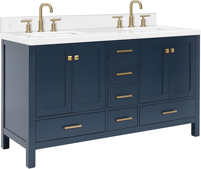 ARIEL Cambridge 60-inch Bathroom Vanity with Sink,Solid Wood, 1.5-inch Carrara White Quartz Countertop, Double Rectangular Porcelain Sink, 4 Soft Closing Doors, 6 Dovetail Drawers, Midnight Blue