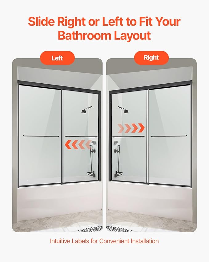 VEVOR Bathtub Shower Door, 56-60" W x 60" H, Semi-Frameless Double Sliding Tub Door, Semi-Frameless Bypass Tub Door with 1/4 in Shatterproof Tempered Glass and Stainless Steel Handle, Black