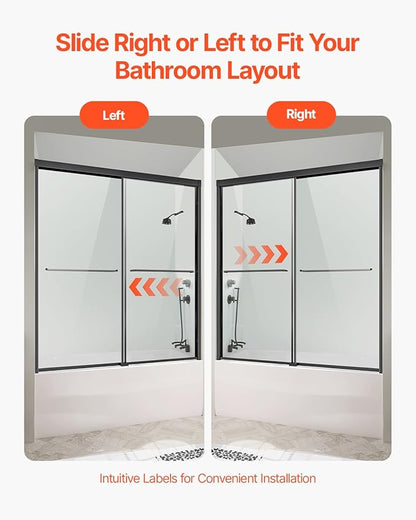 VEVOR Bathtub Shower Door, 56-60" W x 60" H, Semi-Frameless Double Sliding Tub Door, Semi-Frameless Bypass Tub Door with 1/4 in Shatterproof Tempered Glass and Stainless Steel Handle, Black