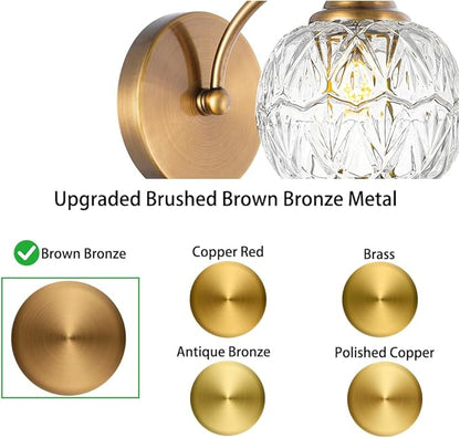 Brushed Gold Bathroom Wall Sconce Vintage Style - G9 Bulb Compatible, Small Hardwired Bathroom Vanity Lighting with Hand-Etched Glass Shades, Easy Mounted for Bedroom Living Room Hallway