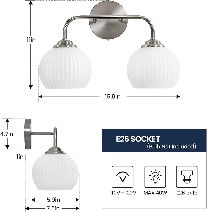 RUIYEY Bathroom Vanity Light Fixtures: 2-Lights Vanity Lighting Fixtures with Frosted Milky Glass Shades, Hardwired 15.9 in Brushed Nickel Vanity Lights Over Mirror (Exclude E26 Bulb)