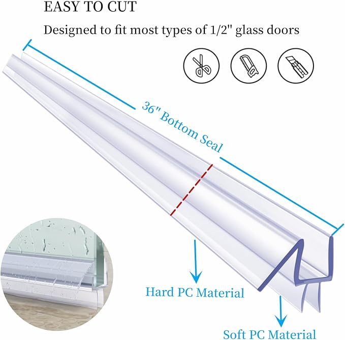 Shower Door Seal Strip Kit, Include 2 PCS 84" Shower Door Side Seals and 1 PC 36" Door Bottom Seal for 1/2"(12mm) Thick Glass Shower Door Sweep Set of 3 Polycarbonate