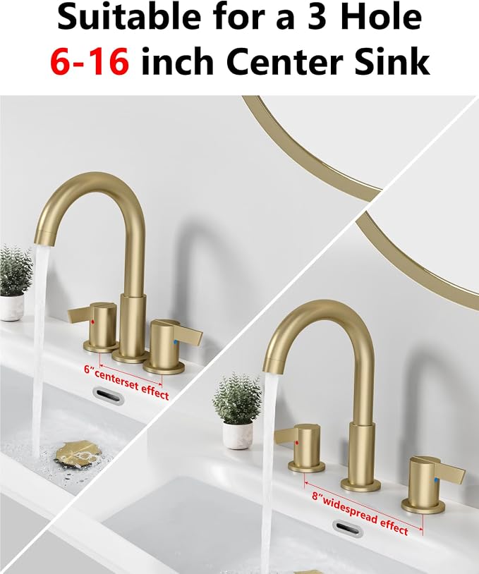 Brushed Gold Bathroom Faucet 3 Hole, 8 Inch Widespread 2-Handle | SUS304 Stainless Steel, 2-Handle Control, Pop-Up Drain, Supply Lines and Mounting Hardware for 8-Inch Widespread Vanity Sinks