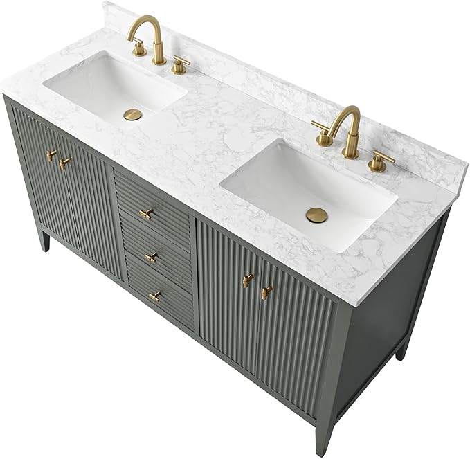 HOMEBEYOND 60" Bathroom Vanity with Double Sink, Solid Wood Bathroom Vanity Free-Standing Cabinet, Ceramic Top & Soft Closing Door, Golden Brushed Handware, Vintage Green