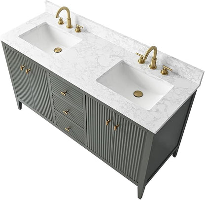 HOMEBEYOND 60" Bathroom Vanity with Double Sink, Solid Wood Bathroom Vanity Free-Standing Cabinet, Ceramic Top & Soft Closing Door, Golden Brushed Handware, Vintage Green