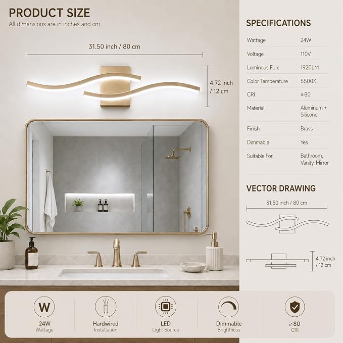 Modern Vanity Lights Dimmable Bathroom Light Fixtures Over Mirror Bathroom LED Vanity Light for Bathroom Living Room (Gold,31.5Inch)