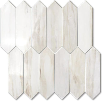 Vamos Tile 1 Sheet Glossy Wood Marble Grain Backsplash Tile Peel and Stick, 12.8 x 12.8 Inch Long Hexagon PVC Self Adhesive Mosaic Wall Tiles Stick on Backsplash for Kitchen,Bathroom,Fireplace