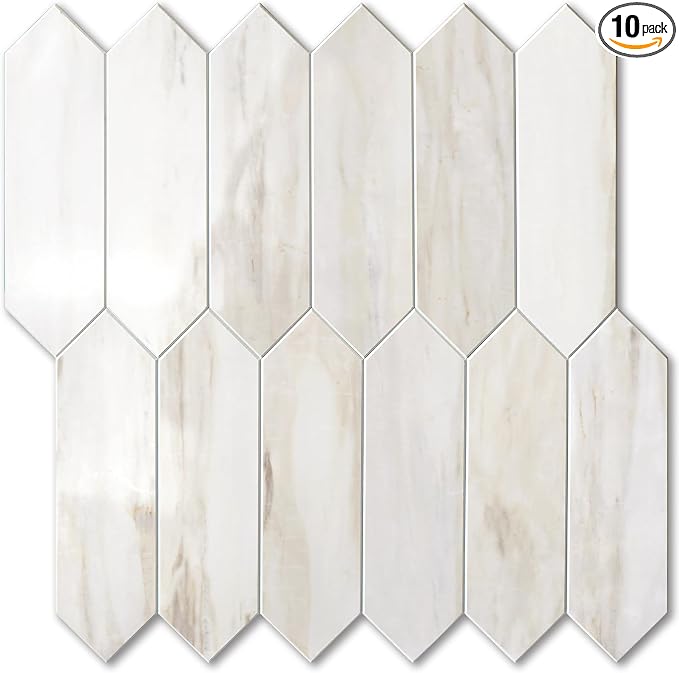 Vamos Tile Glossy Wood Marble Grain Backsplash Tile Peel and Stick, 12.8 x 12.8 Inch 10 Sheets Long Hexagon PVC Self Adhesive Mosaic Wall Tiles Stick on Backsplash for Kitchen and Bathroom