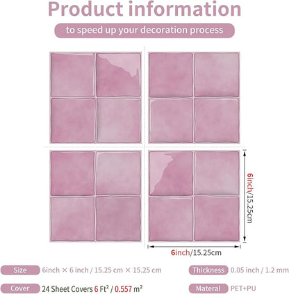 Blush Pink 4 Sheets 6x6 Inch Peel and Stick Subway Tile Backsplash, Self Adhesive Wall Tiles for Kitchen Bathroom, Thick Waterproof Heat Resistant, Easy Install No Grout, Renter Friendly