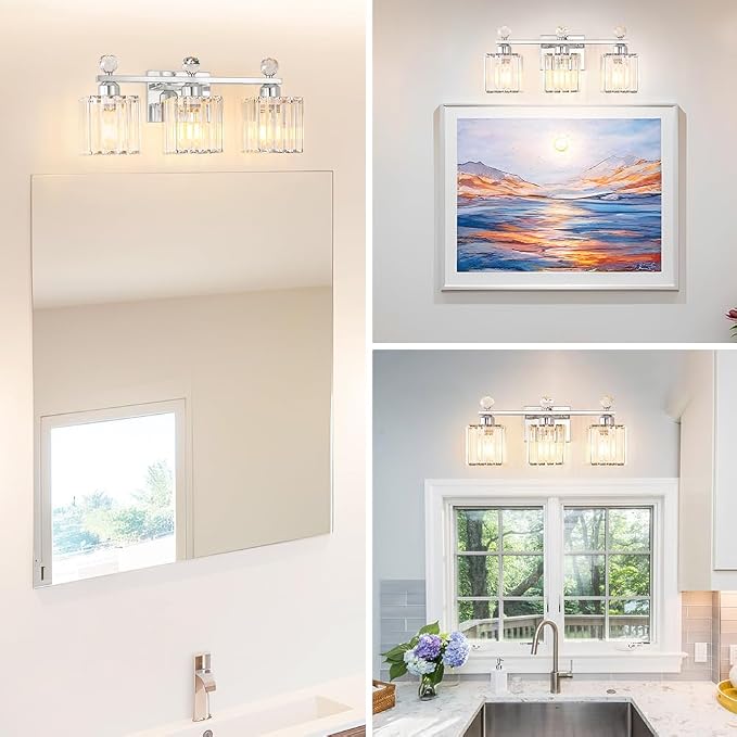 Lxybcce 18.8 Inch Bathroom Vanity Light with Clear Crystal Shades, 3-Light Chrome Modern Fixture for Mirror, Easy Installation & Dimmable Lighting, Shadow-Free Illumination for Bathroom Mirror Decor