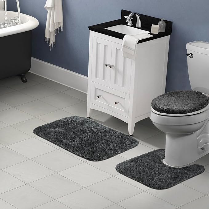 Garland Rug Traditional Nylon Washable Dark Gray 3 Piece Set - Lid, Contour, Bath Rug - Soft, Absorbent, and Stylish for Your Bathroom