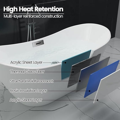 67" Acrylic Freestanding Soaking Bathtub, Free Standing Tub, Stylish Stand Alone Contemporary Soaking Tub with Integrated Overflow and Drain In Chrome, cUPC Certified