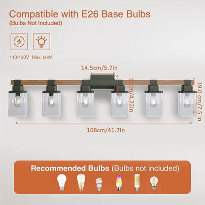 6 Light Bathroom Vanity Light 41 in with Glass Shade, Farmhouse Vanity Light for Bathroom Light fixtures Over Mirror, Square Rustic Brown