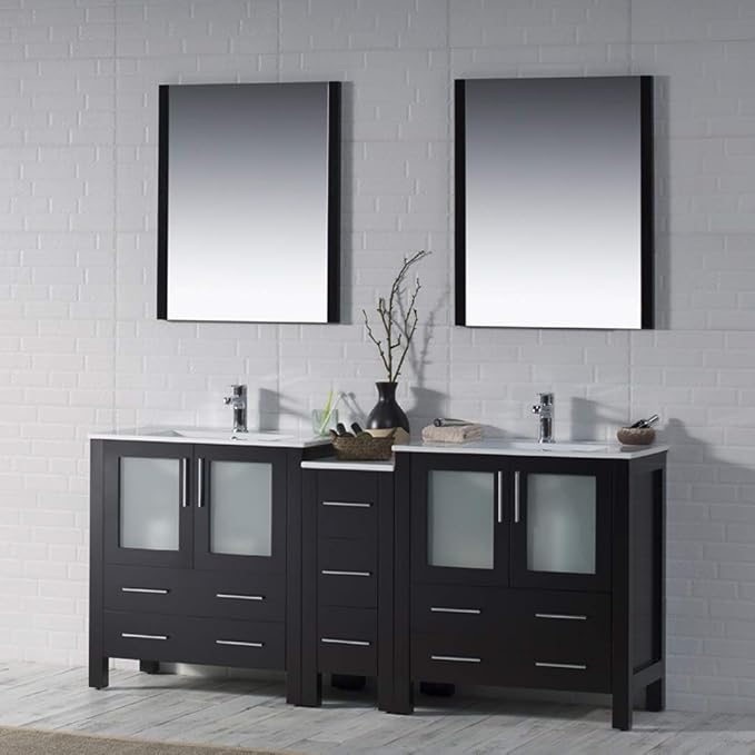 Blossom Luxury 72 Inch Solid Wood Bathroom Vanity Double Sink Set | Espresso Master Suite Vanity with Linen Cabinet | Modern Dual Sink Cabinet with Soft-Close Drawers & Tempered Glass Doors
