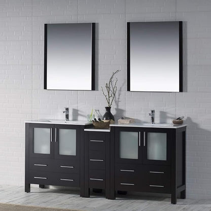 Blossom Luxury 72 Inch Solid Wood Bathroom Vanity Double Sink Set | Espresso Master Suite Vanity with Linen Cabinet | Modern Dual Sink Cabinet with Soft-Close Drawers & Tempered Glass Doors
