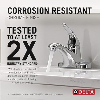 Delta Foundations Centerset Chrome Bathroom Faucet, 4 Inch 3 Hole Bathroom Sink Faucet for Vanity, Metal Push-Pop Drain Assembly, Chrome B501LF