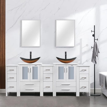 eclife 84" Modern Bathroom Vanity Sink Combo Freestanding Cabinet with Small Side Cabinet, Brown Boat Glass Vessel Sink, Water Save Faucet, Drain (White+A29BR)