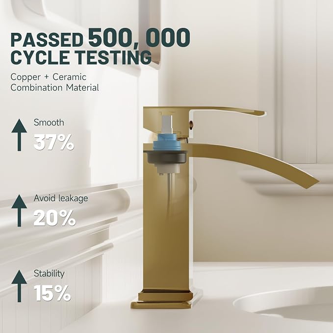Brushed Gold Waterfall Bathroom Faucet for 1 or 3 Holes, Brass | Single Handle Bathroom Sink Faucets for Lavatory Commercial Vanity, Basin Taps with Deck Plate, Pop Up Drain and Supply Line