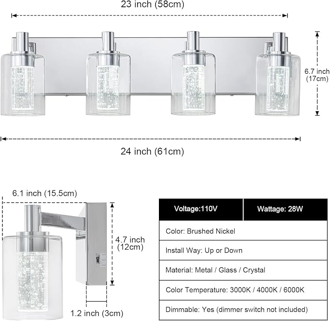 SineRise Vanity Light with 3 Color Modes (3000K/4000K/6000K), Eye Protection LED Bathroom Light Fixture, Dimmable Modern Wall Light Over Mirror with Clear Glass Shade (Chrome, 4-Light)