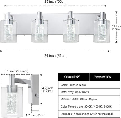 SineRise Vanity Light with 3 Color Modes (3000K/4000K/6000K), Eye Protection LED Bathroom Light Fixture, Dimmable Modern Wall Light Over Mirror with Clear Glass Shade (Chrome, 4-Light)