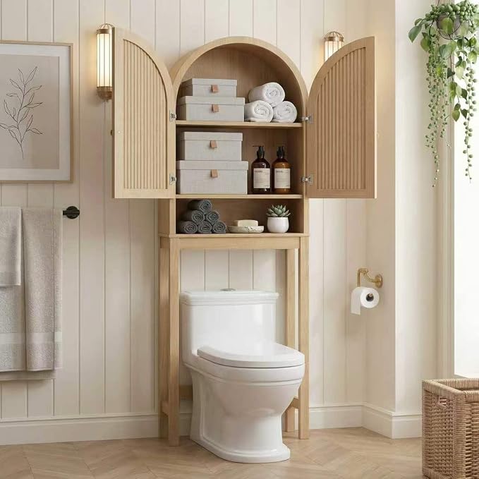 HMstone Over The Toilet Storage Cabinet, Arched Bathroom Organizer and Storage with Doors and Adjustable Shelf, Space-Saving Freestanding Bathroom Modern Storage Cabinet Over Toilet (Natural)