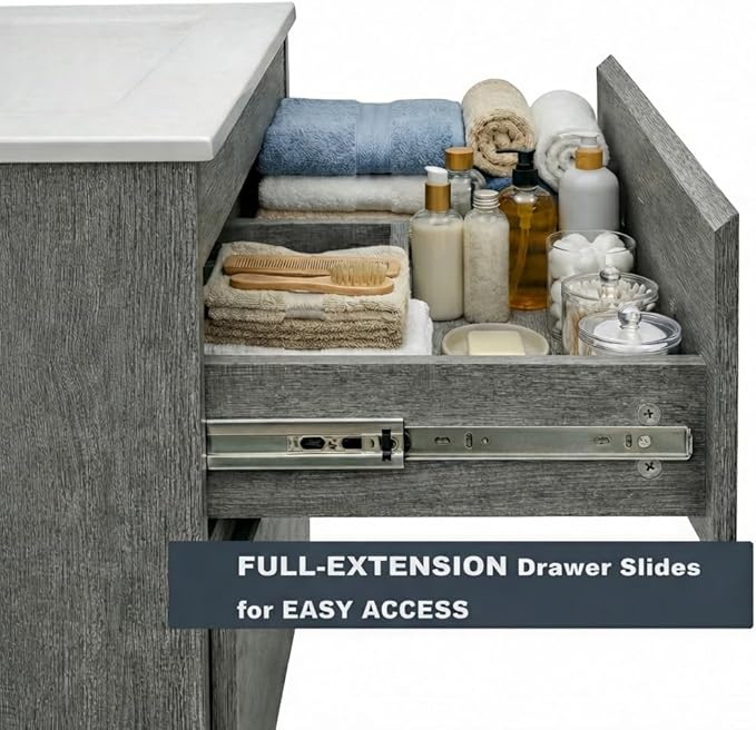 24 Inch Floating Bathroom Vanity with Sink, Modern Wall Mounted Small Bathroom Vanity, 2 Drawer Bathroom Sink Cabinet with Ceramic Sink, Soft Close Slides, Grey