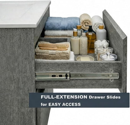 24 Inch Floating Bathroom Vanity with Sink, Modern Wall Mounted Small Bathroom Vanity, 2 Drawer Bathroom Sink Cabinet with Ceramic Sink, Soft Close Slides, Grey