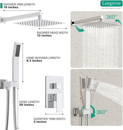 Longriver S200 Shower Faucet Set, Shower System Bathroom High Pressure 12 Inches Rainfall Shower Head with Handheld Spray, Wall Mounted Shower Fixtures with Shower Valve and Trim Kit, Polished Chrome