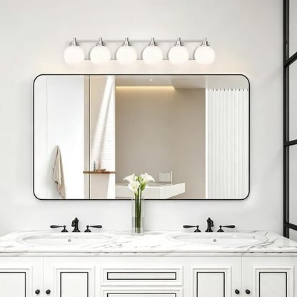IZORRO Bathroom Light Fixtures, 6-Light Brushed Nickel Vanity Light, Modern Wall Sconces with Globe Milk White Glass Shade, Vanity Lighting Fixtures Over Mirror,E26 Bulb Socket