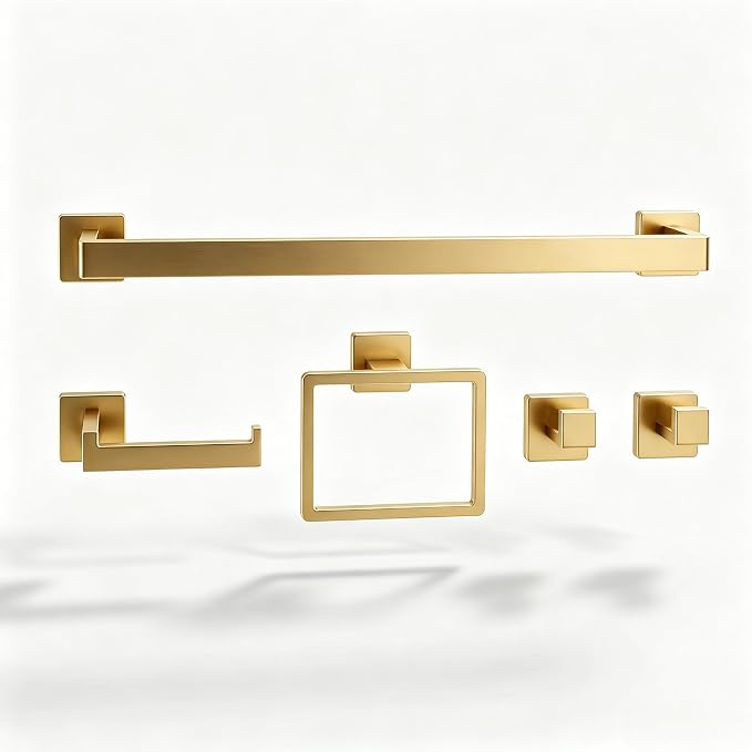 Nevado 5-Piece Wall Mounted Bathroom Hardware Set | Towel Bar, Toilet Paper Holder, Towel Ring & Robe Hook, Brushed Gold Bathroom Accessories, 23.6‑Inch Towel Bar