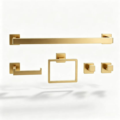 Nevado 5-Piece Wall Mounted Bathroom Hardware Set | Towel Bar, Toilet Paper Holder, Towel Ring & Robe Hook, Brushed Gold Bathroom Accessories, 23.6‑Inch Towel Bar