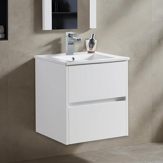 Blossom 20" Modern Bathroom Vanity and Sink Combo - Pre-Assembled Wall Mount Plywood Cabinet - Moisture Proof Glossy White Finish - Designer Powder Room Vanity for Narrow Spaces