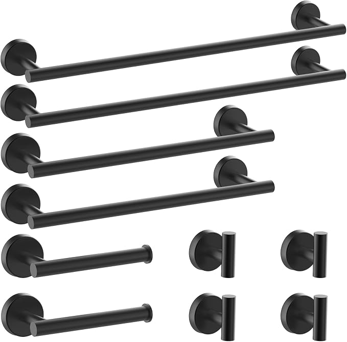 Newfun 10 Pieces Matte Black Bathroom Hardware Set 24 Inch | Include 24 inch Towel Bar, Robe Hook, Toilet Paper Holder, Stainless Steel Bathroom Accessories Set for Bathroom Wall Mounted