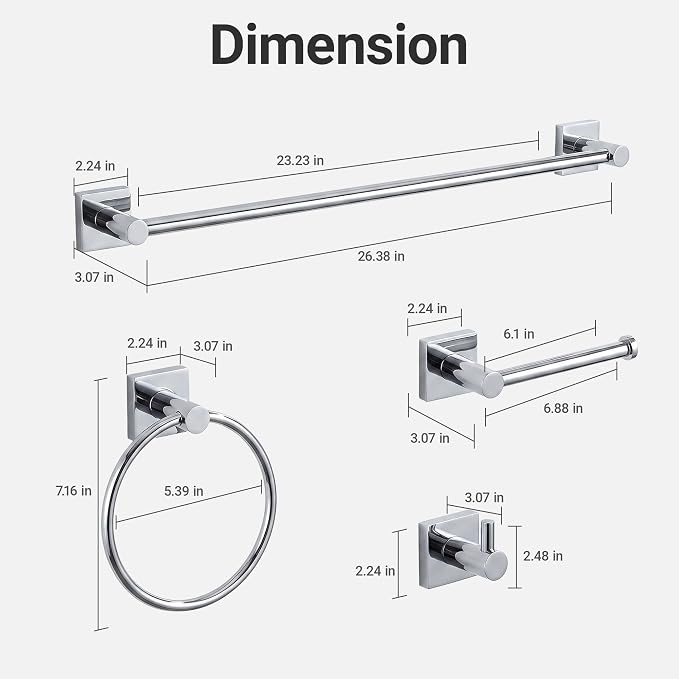 24-Inch Wall Mounted Towel Racks for Bathroom – Space Saver 4-Piece Durable Stainless Steel Bathroom Hardware Set with Towel Bar, Towel Ring, Toilet Paper Holder & Hook, Chrome