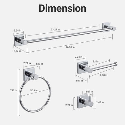 24-Inch Wall Mounted Towel Racks for Bathroom – Space Saver 4-Piece Durable Stainless Steel Bathroom Hardware Set with Towel Bar, Towel Ring, Toilet Paper Holder & Hook, Chrome