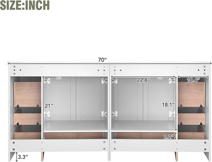 Harper & Bright Designs 72" Bathroom Vanity Set with Double Sink, Vanity Cabinet with 4 Cabinet Doors and 8 Drawers, Modern Design Solid Wood Bathroom Cabinet with Ceramic Basin for Bathroom, White