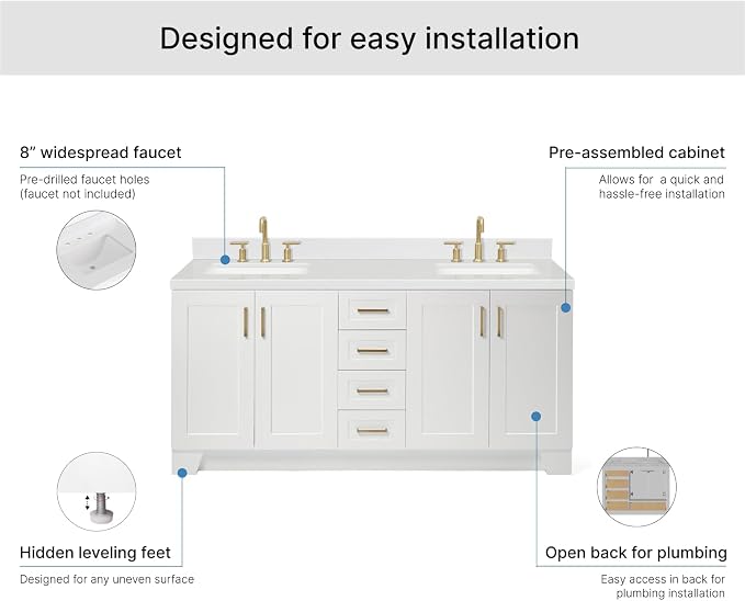 ARIEL Taylor 72-inch Bathroom Vanity with Sink,Solid Wood, 1.5-inch Carrara White Quartz Countertop & Backsplash, Double Rectangular Porcelain Sink, 4 Soft Closing Doors, 6 Dovetail Drawers, White