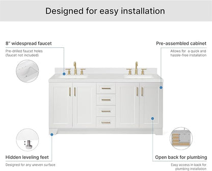 ARIEL Taylor 72-inch Bathroom Vanity with Sink,Solid Wood, 1.5-inch Carrara White Quartz Countertop & Backsplash, Double Rectangular Porcelain Sink, 4 Soft Closing Doors, 6 Dovetail Drawers, White