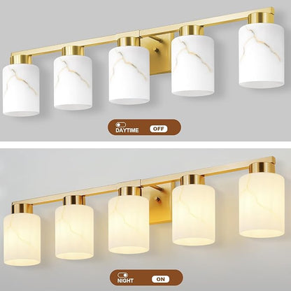 5-Light Bathroom Light Fixtures, Modern Vanity Lights, Gold Metal Wall Lamp with White Marble Glass for Bathroom, Mirror, Living Room, Bedroom, Cabinet, Porch, Hallway, E26 Base