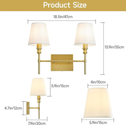 Bathroom Light Fixtures Over Mirror,Brush Brass Vintage Wall Sconces, 2-Light Bathroom Vanity Light With Flared White Fabric Lampshade For Bedroom,Living Room,Hallway,Foyer,Hardwired, E12 Base